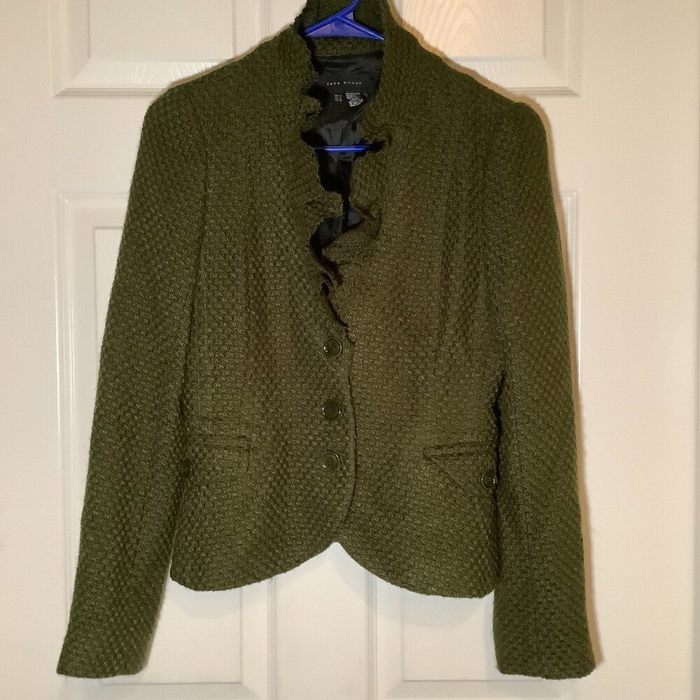Zara Olive Green Textured Ruffle Collar Blazer